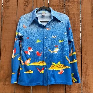 Vintage 1970s Retro Blue Butterfly Novelty Print Shirt Dagger Collar Disco